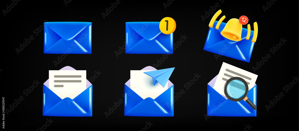 Poster different blue envelopes opened and closed. 3d vector clipart isolated on black background