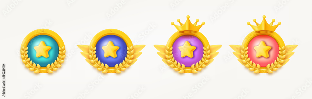 Poster different game rank emblems with stars and wreaths. game achievement badges collection. 3d vector cl