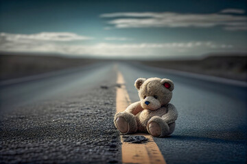 toy bear on an asphalt road. Dark clouds around. abandoned toy. sad mood in a dark key - obrazy, fototapety, plakaty