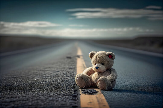 toy bear on an asphalt road. Dark clouds around. abandoned toy. sad mood in a dark key