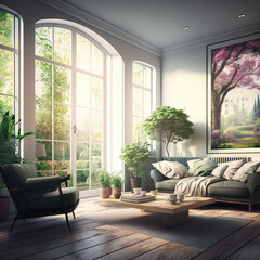 Springtime living room created with generative AI