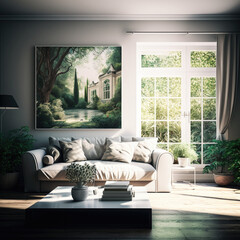 Springtime living room created with generative AI
