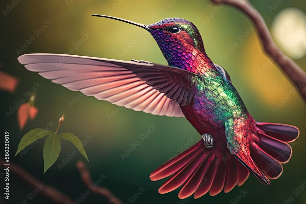 Sticker Smooth background and a flying Ruby Topaz hummingbird (Chrysolampis mosquitus). Flapping tail hummingbird. animals found in the wild. An actual wild bird. Parrot of the tropics, in the backyard