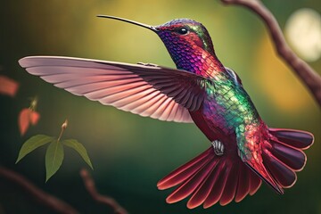 Fototapeta premium Smooth background and a flying Ruby Topaz hummingbird (Chrysolampis mosquitus). Flapping tail hummingbird. animals found in the wild. An actual wild bird. Parrot of the tropics, in the backyard