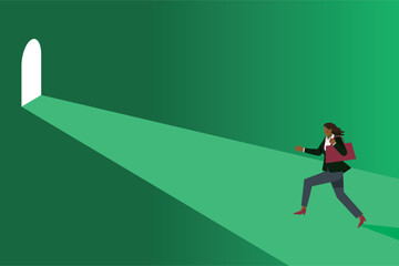 ビジネスイメージ　トンネルと出口と走る8等身の黒人系女性のイラスト　将来キャリアアップ進路