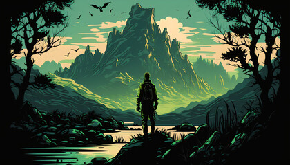 Vector Illustration of a Man in a Mystical Landscape Gazing at the Mountains in the Distance, Generative AI