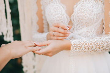 Wedding rings. Putting on wedding rings.