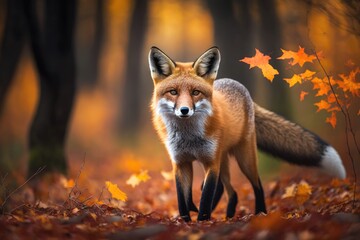 Red Fox, Vulpes vulpes, looking cute in the fall forest. Beautiful animal living in the wild. Scene of wildlife in the wild in Russia, Europe. Cute animal in its own home. Red fox running on orange au
