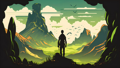 Vector Art of Man Contemplating the Green Mountains in a Fantasy Landscape, Generative AI