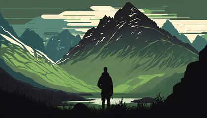 Vector Illustration of a Man in Fantasy Landscape Gazing at the Distant Mountains, Generative AI