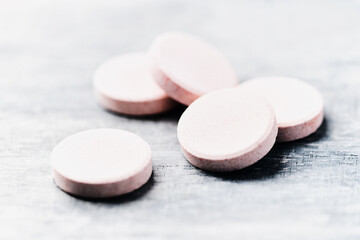 Collagen effervescent Tablets. Supplement to support collagen production. Bright wooden background. Close up. Copy space.	