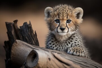 Portrait of a baby cheetah with big eyes sitting on a dead log in South Africa's Kruger Park. Generative AI - obrazy, fototapety, plakaty