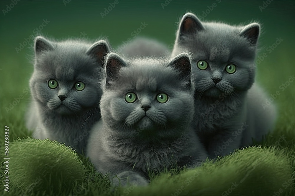 Wall mural There are three gray kittens on fake green grass. Generative AI