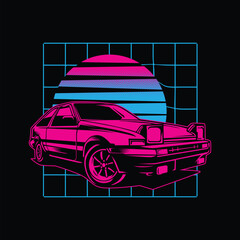 Retro 80s sci-fi futuristic style background with supercar. Vector retro futuristic synth wave illustration in 1980s posters style. Retro Nostalgic vaporwave cyberpunk artwork with vibrant neon colors
