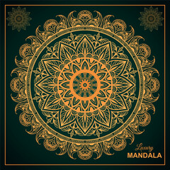 Islamic mandala background design with gold arabesque pattern style. Vector mandala template for decoration invitation, cards, wedding, logos, cover, brochure, flyer, banner.