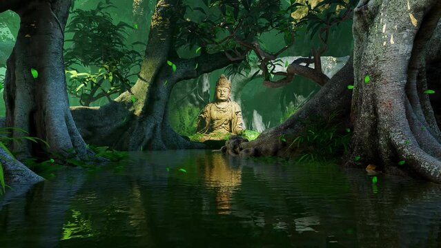 Mysterious place in the rainforest and a god statue