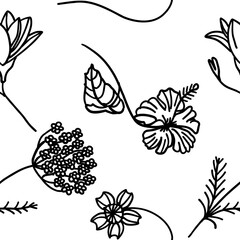 Flower in outline doodle flat style. Simple floral element plant leaves decorative design. Hand drawn line art. Creative minimalist sketch. Vector illustration isolated on white background.