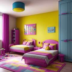 Children's bedroom illustration. Have colorful furniture and wall paint to make it look cheerful. Wall decorations that attract children's attention. Colorful curtain fabric