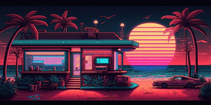 Retro-Futuristic World with Blocky Neon Pixel Art and Vacation Vibes. Generative AI Illustration