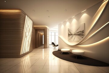 Environment, small lobby, white curved feature wall, white linear paneling, warm lighting, beige terazzo floor created by generative AI