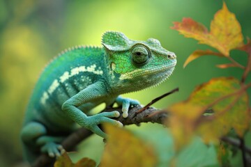A young green chameleon in its natural environment. Generative AI