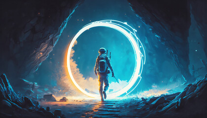 Vector Art of a Spaceman Exploring a Planet with a Glowing Blue Ring Light in the Distance, Generative AI