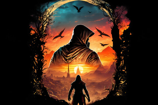 An illustration of assassin character from behind standing look at the city or dessert. Good for t-shirt, mug, poster, bed cover, pillow cover, and other.