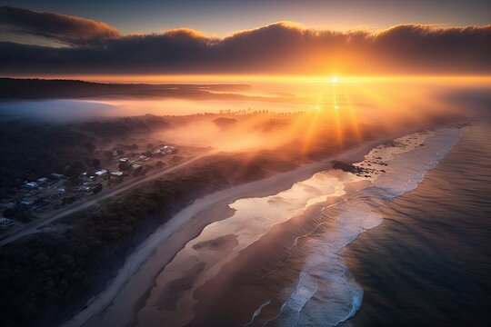 Aerial image of the central coast's offshore dawn as it ushers in a new day. Generative AI