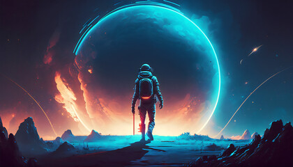 The Journey Begins: Digital Art Style Illustration of a Spaceman Walking on a Planet with a Blue Ring Light, Generative AI