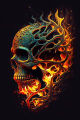 Skull with flames on it is shown on black background. Generative AI.