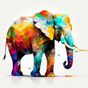An elephant made of colorful triangles on white background. Generative AI.