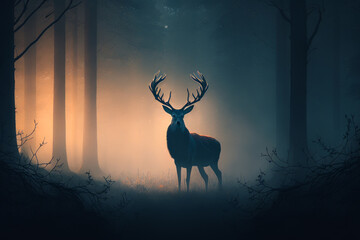 Deer stands in the middle of forest at night. Generative AI.