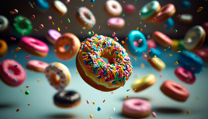 Colorful donut with sprinkles flying in the air. Generative AI. - obrazy, fototapety, plakaty