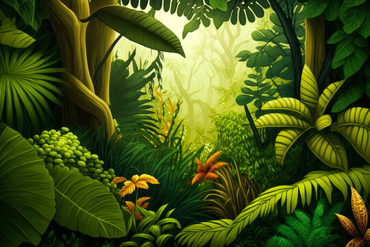 An image of jungle scene with lots of plants. Generative AI.