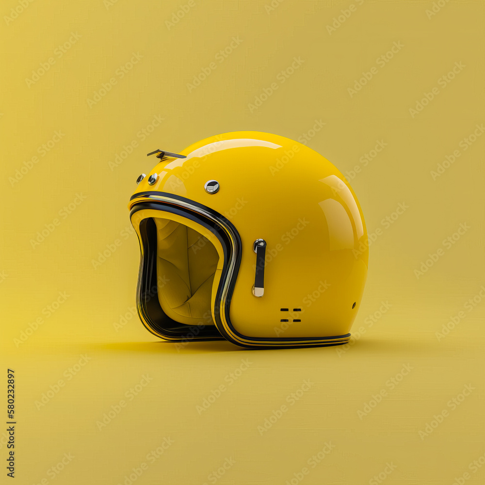 Sticker Yellow motorcycle helmet on yellow background. Generative AI.