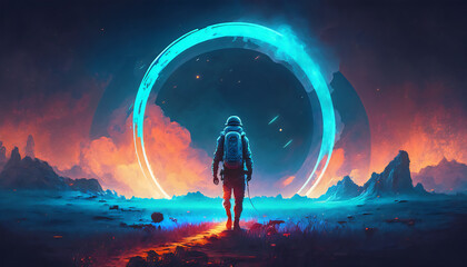 Illustration Painting of a Spaceman Walking on a Mysterious Planet with a Blue Ring Light, Generative AI