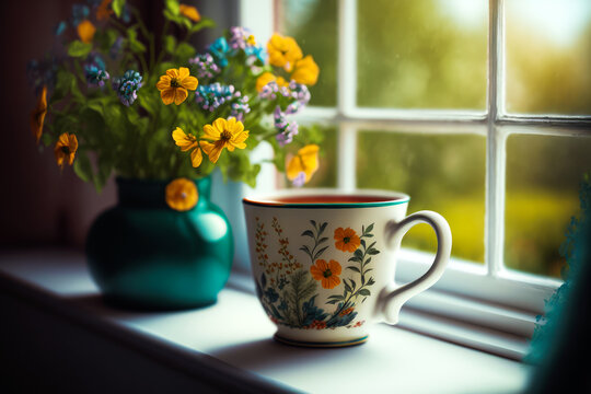 Cup of coffee sits on window sill next to vase of flowers. Generative AI.