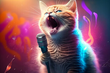 Cat singing into microphone with colorful lights. Generative AI.