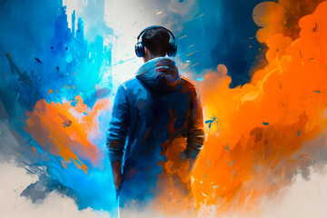 Man wearing headphones is standing in front of colorful painting. Generative AI.