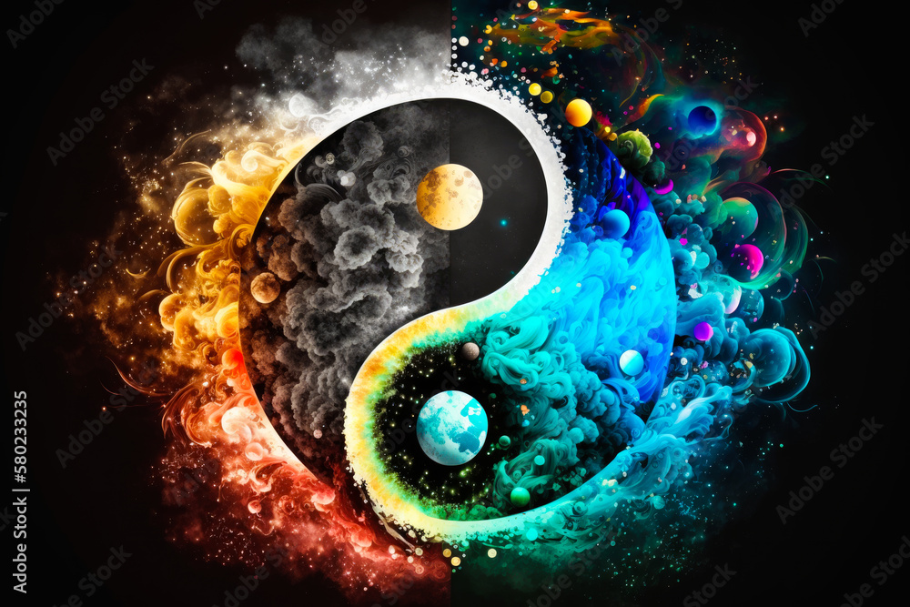 Poster the yin and yang symbol on black background. generative ai.