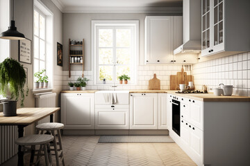 Kitchen with white cabinets and wooden floors. Generative AI.