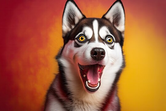 Humorous husky with dopey muzzle expression, crimson butterfly, yellow studio backdrop, canine expressions of happiness. Generative AI