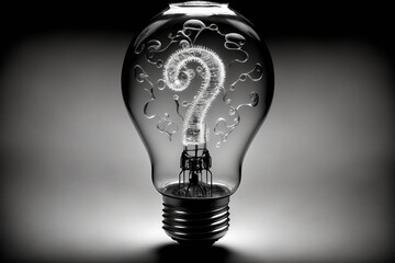 Question mark inside a light bulb, black and white image - Generative AI