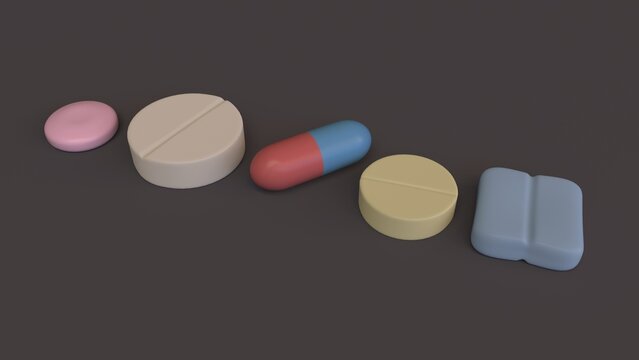 Pills of various shapes and colors