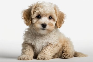 Obraz premium Maltipoo dog. Maltese and Poodle mix puppy on white background. Generative AI