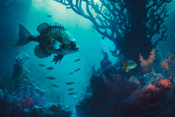 Fototapeta na wymiar An underwater scene with fish and coral. Generative AI.