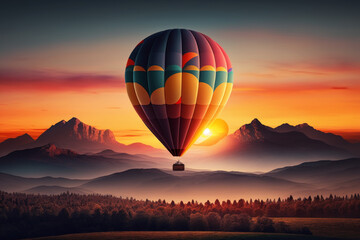 Hot air balloon flying over mountains at sunset. Generative AI.