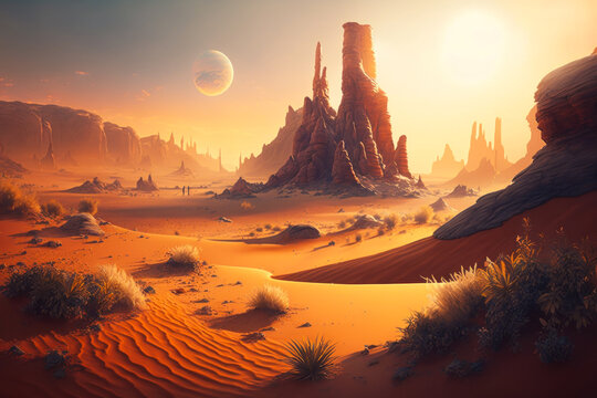 An image of desert landscape with mountains in the background. Generative AI.