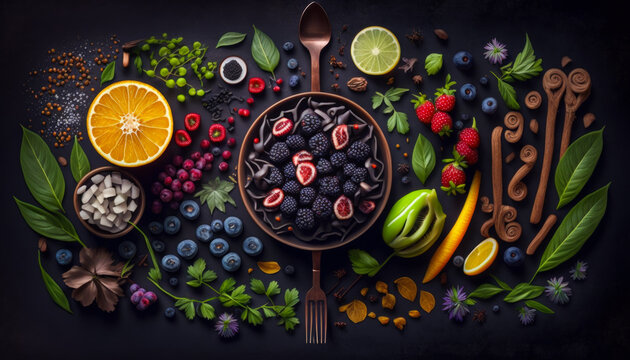 An image of fruit and berries on black background. Generative AI.