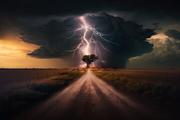 Lightning strikes tree in the middle of dirt road. Generative AI.